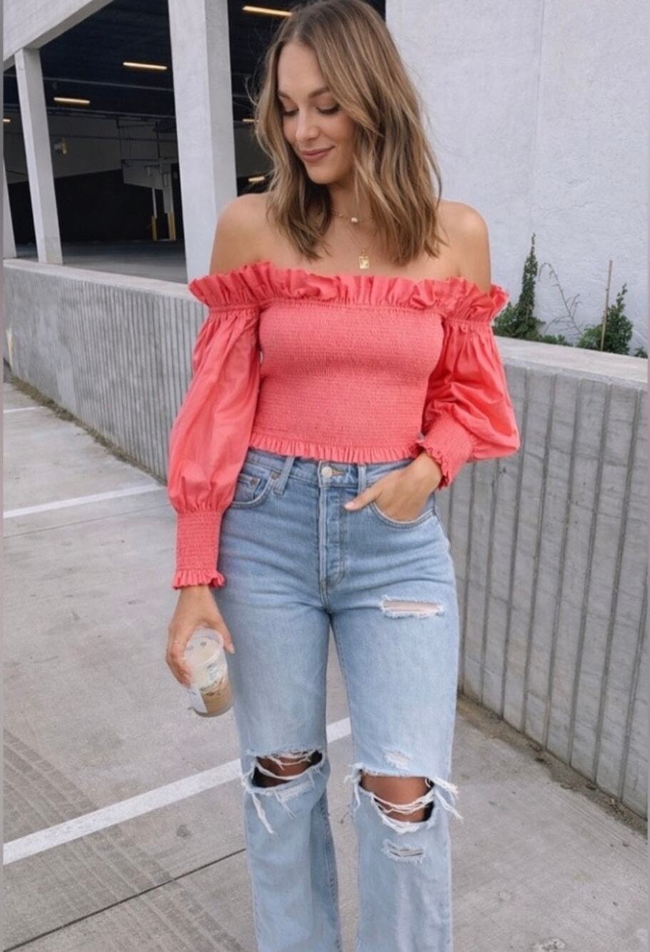 Toccin NY Crop Top Smocked Ruffle‎ Off Shoulder Pink 100% Cotton Womens Medium